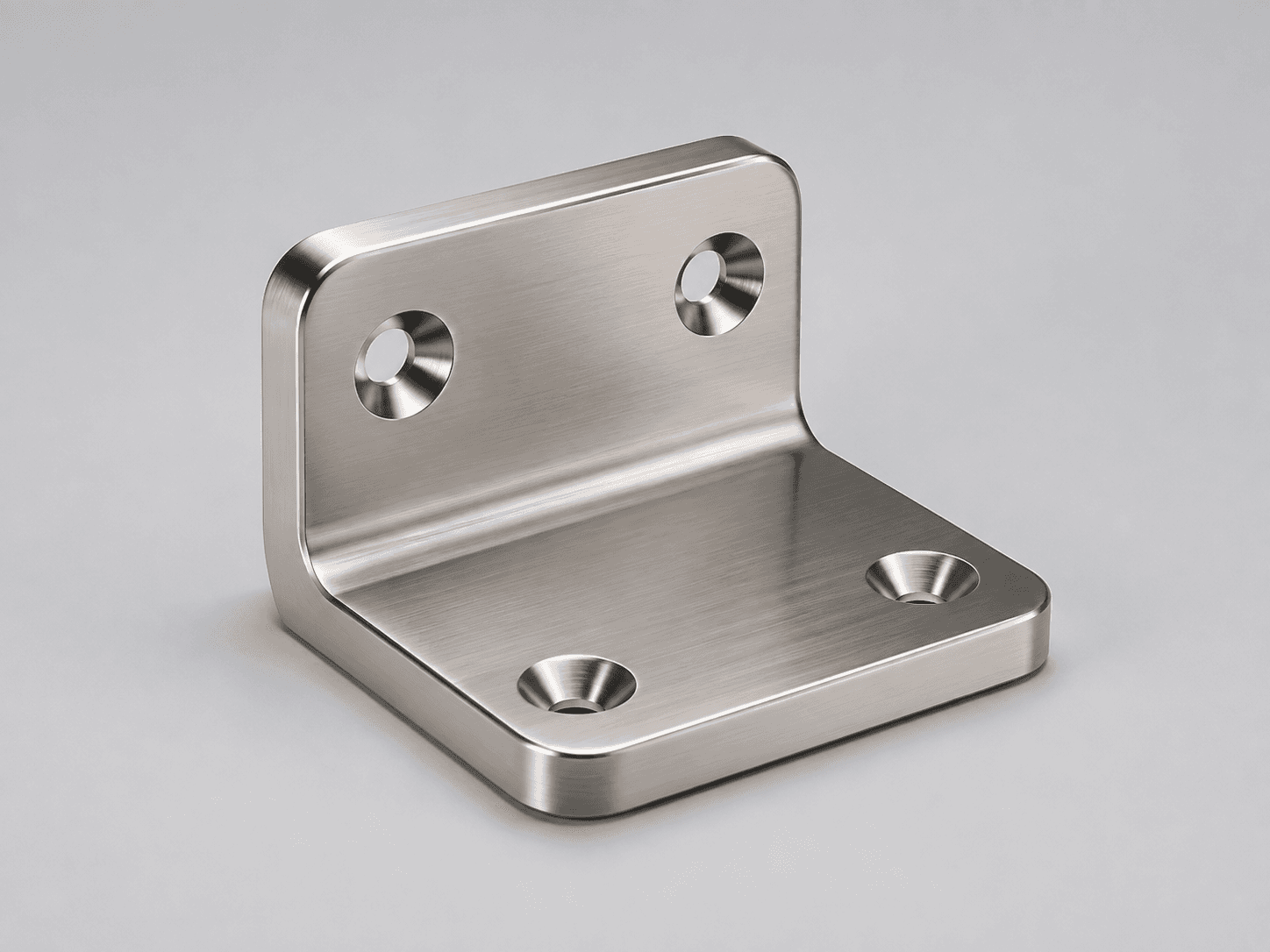 Conceptual product-type illustration of a brushed metal mounting bracket with fixing holes