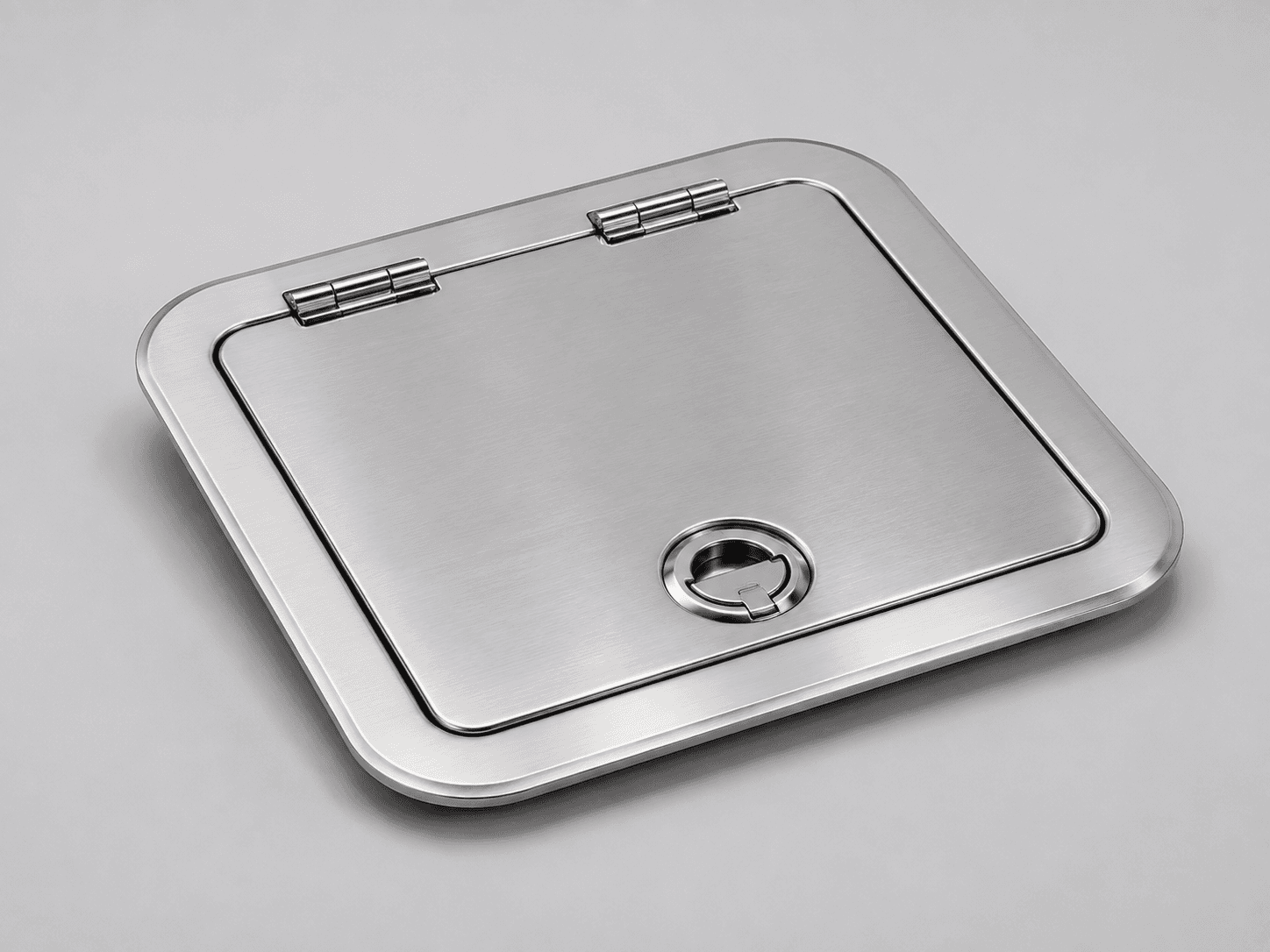 Product-type illustration of a closed metal deck hatch with hinges and a recessed lifting ring