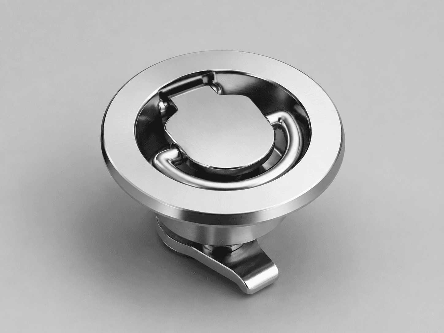 Product-type illustration of a round recessed marine latch with a folding pull and cam