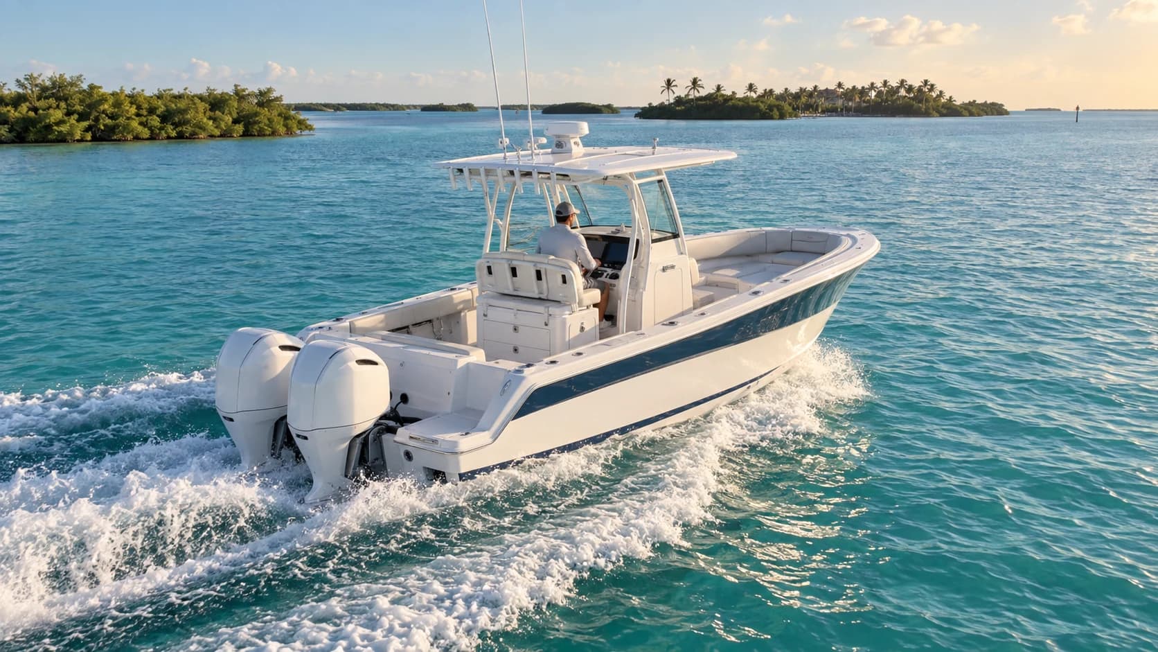 Illustrative center-console boat cruising across turquoise water in Biscayne Bay