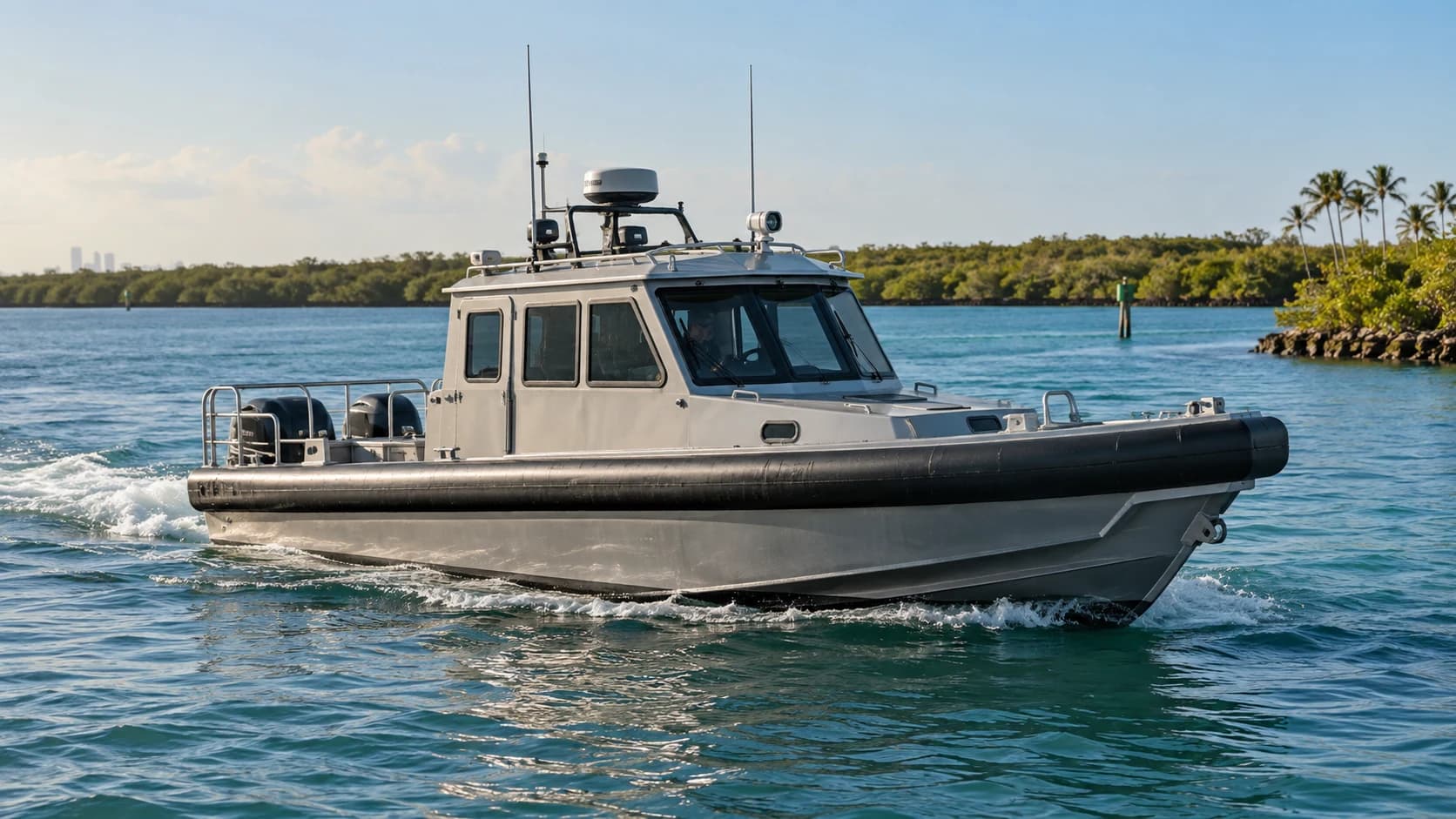 Illustrative patrol-style utility boat underway in a palm-lined South Florida inlet